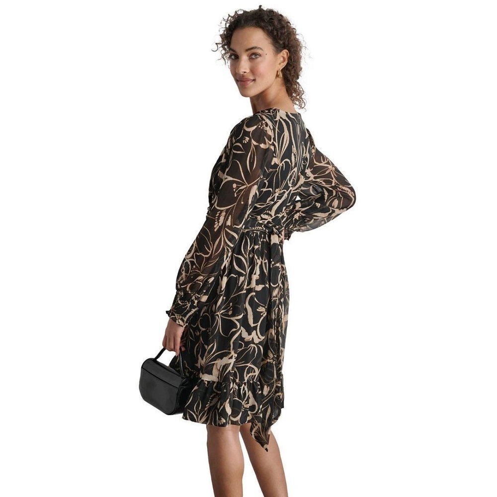 DKNY Black, Tan and Cream Floral Long Sleeve Chiffon Dress, Size 8, NWT - Picture 10 of 12